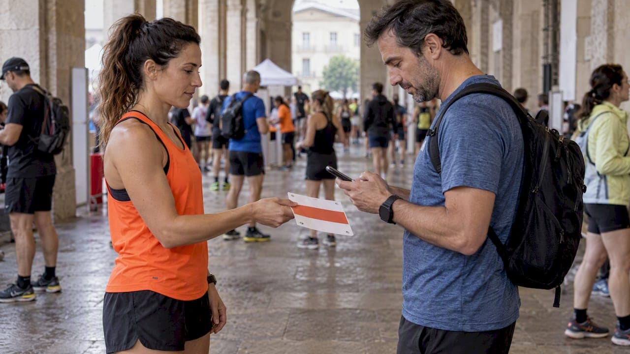 Corredores cambiando un dorsal y comprobando el pago