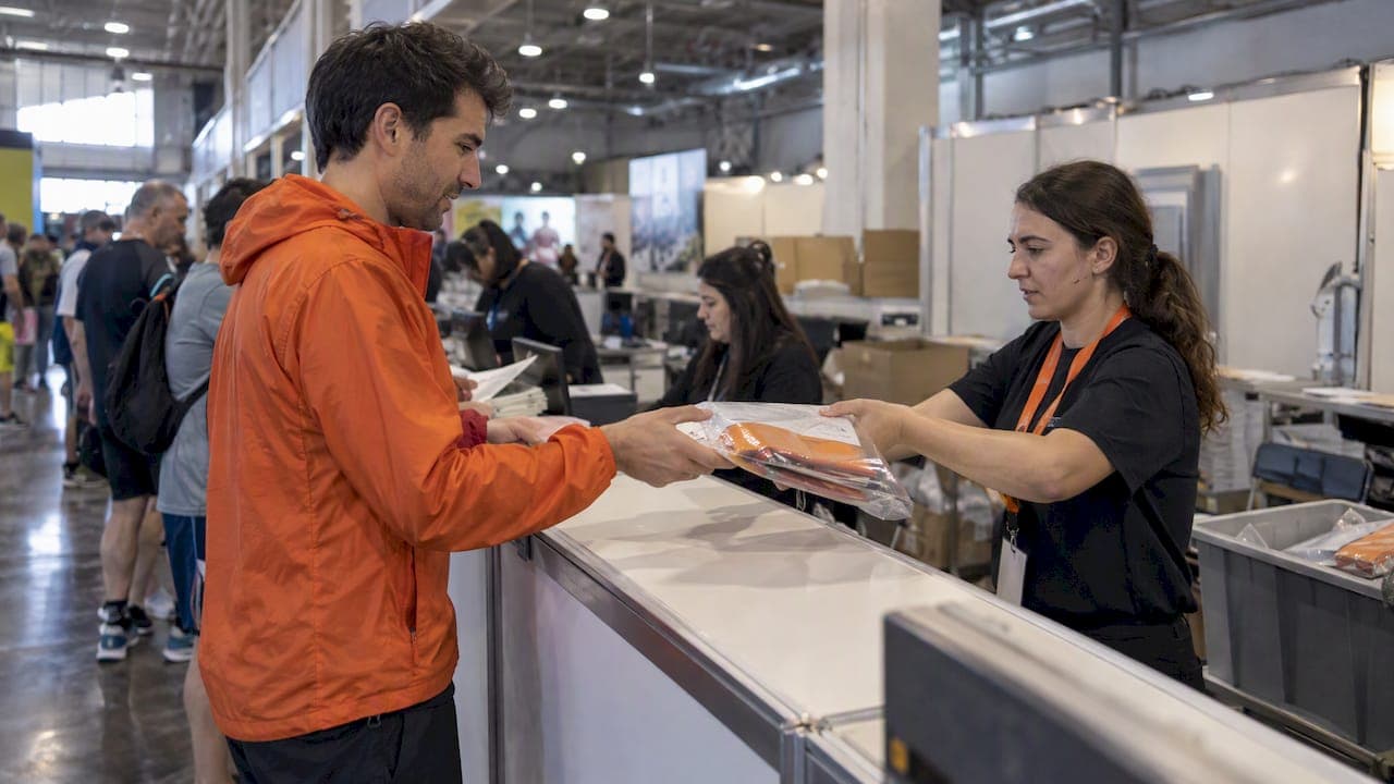 El corredor recoge su dorsal en la feria